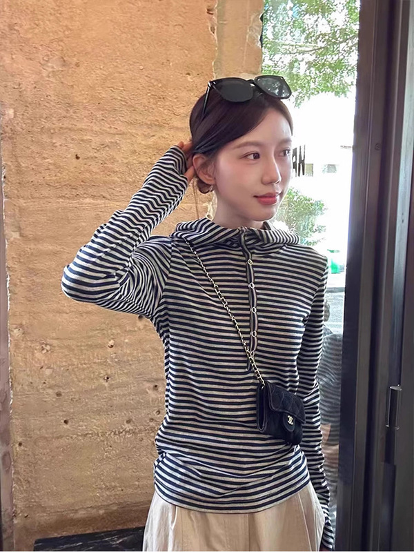 韩系chic别致条纹连帽长袖T恤女早秋内搭小个子独特绝美打底上衣|undefined