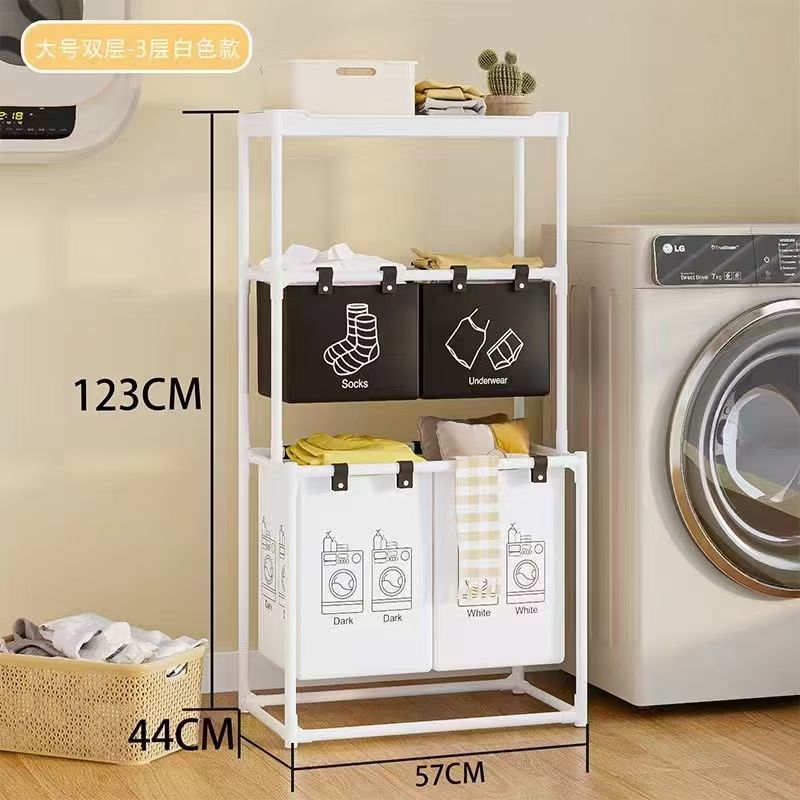 Cesta de doble capa de almacenamiento de ropa sucia, estante de baño, cesta de almacenamiento, cesta de lavandería, almacenamiento de clasificación, tubo de acero grueso, retención