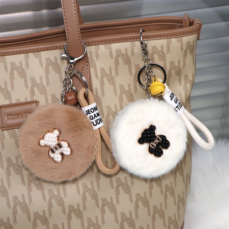 Luz de lujo pequeño viento de peluche colgante espejo bolso colgante espejo de maquillaje llavero plegable con espejo de doble cara a prueba de pérdida