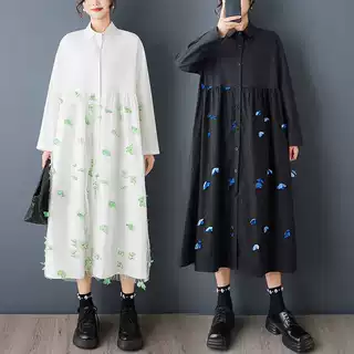 实拍春秋新款宽松大码印花网纱拼接休闲甜美长袖衬衫连衣裙