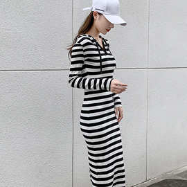 2022年夏季新款条纹连帽卫衣裙女中长款气质收腰打底包臀女连衣裙