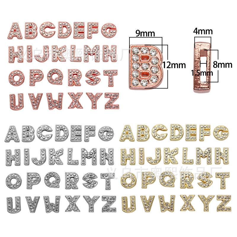 8mm Frosted Letter Strap with Rhinestone English Letter Beads Alloy Jewelry Accessories DIY Wrist Strap Keychain