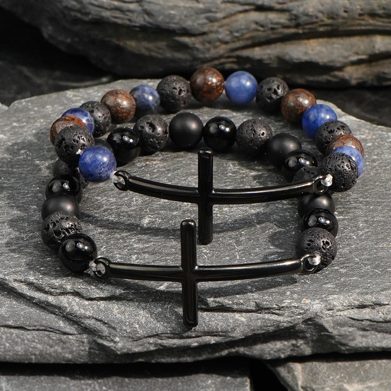 Customized Hot-Selling Niche Accessible Luxury Beaded Bracelet Gun Color Cross Black Frosted Semi-Precious Stone Bracelet for Men