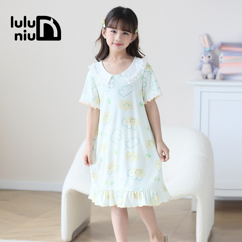 噜噜牛儿童睡裙女童短袖2023夏季新款中大童抗菌冰感家居服连衣裙