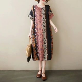 夏季胖mm棉麻复古文艺过膝中长款连衣裙大码妈妈装宽松裙子女高腰