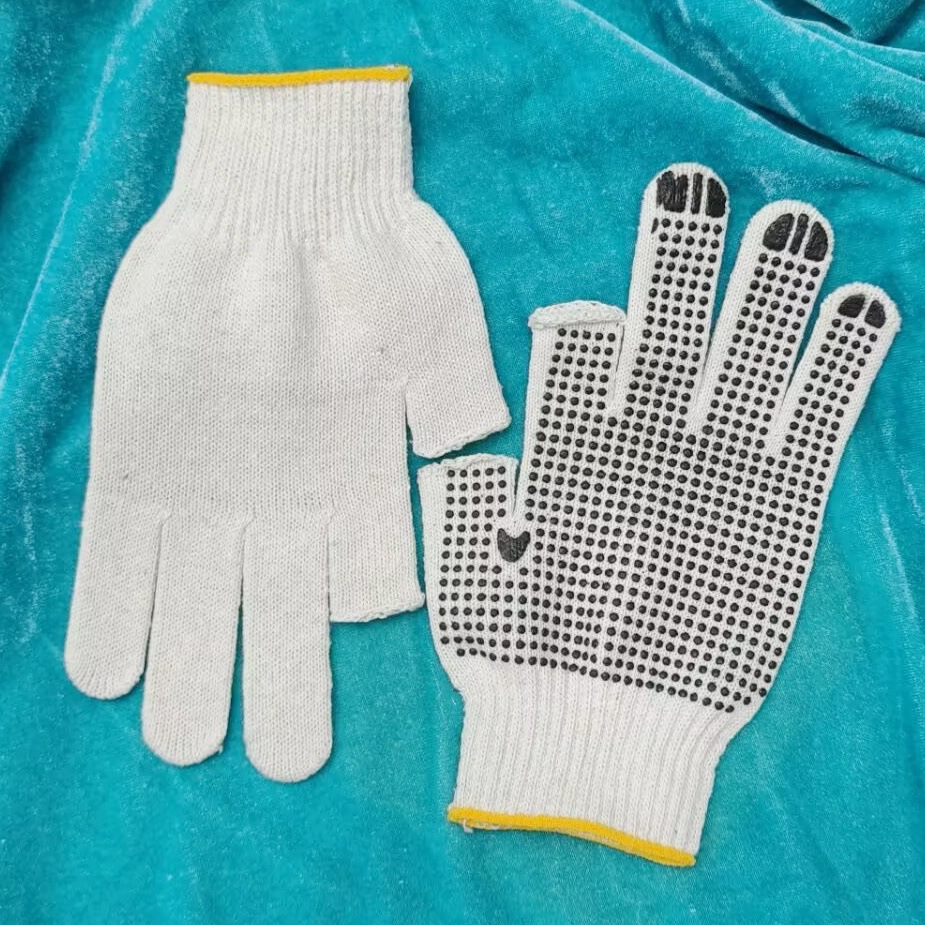 跨境棉纱露两指点塑手套男女工作劳保防护开车搬运园艺爬山打包