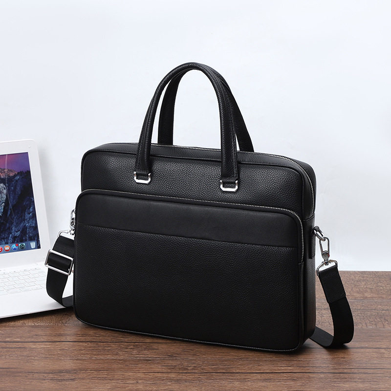 Túi xách tay nam da bò thật 39×9×29 cm đựng laptop 15 inch, túi công sở đeo chéo một vai — Màu đen