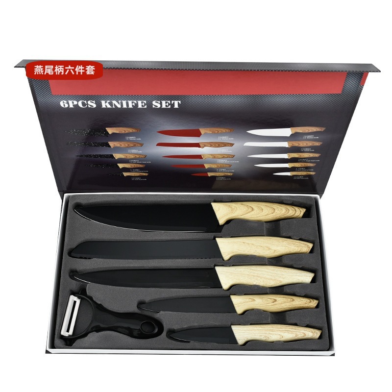 Venta directa cuchillo de acero inoxidable conjunto hogar cubierto mango de cola de milano con cubierta de seis piezas cuchillo de regalo conjunto al por mayor