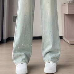 重工のホットドリルの高腰の狭い版のデニムの広腿のズボンの女性の2025春夏の新型のゆったりしているのが見えます。