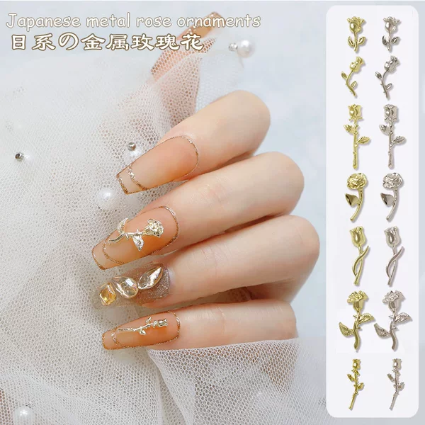 Metal Rose Nail Art Accessories New Internet Celebrity Light Luxury Three-dimensional Alloy Rose Gold and Silver Nail Accessories