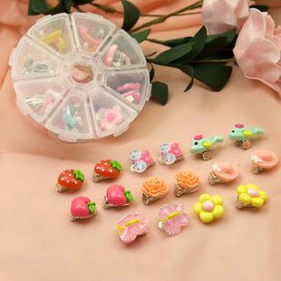 Source manufacturers children's gem earrings Girls cute flash jewelry resin 8 pairs of plum box ear clip set