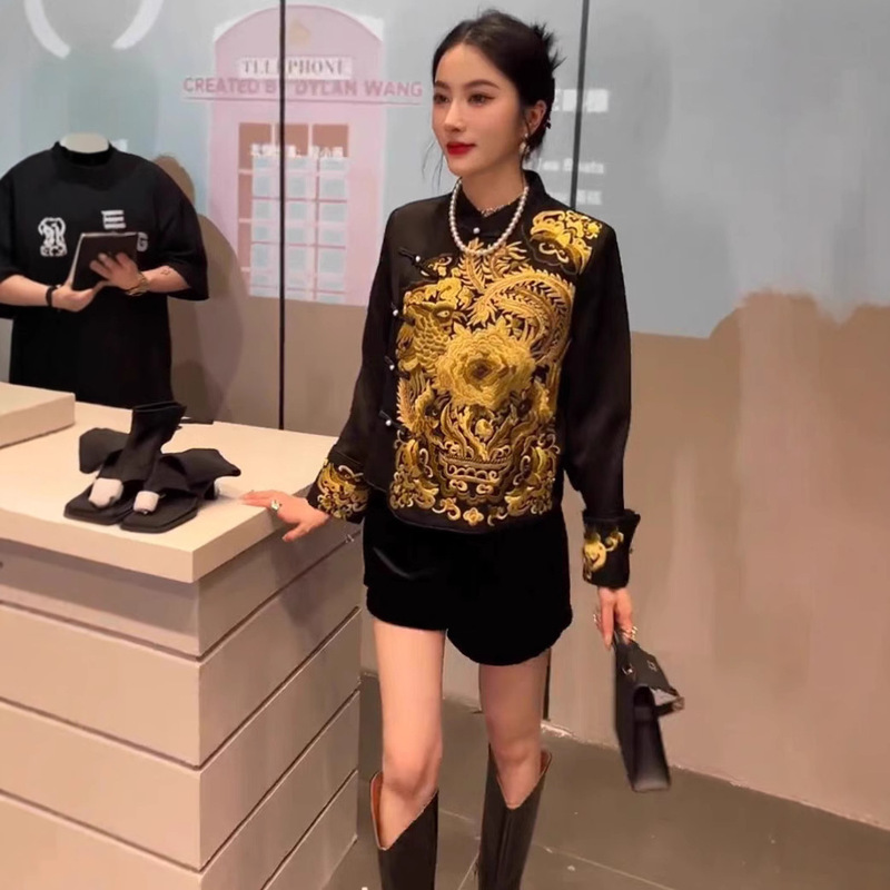 2025 秋の新作中国風の女性の中国風プリントボタンジャケットツーピーススーツパンツライト高級ハイエンド|undefined