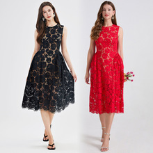 外贸夏季新款高级感名媛重工蕾丝镂空A字圆领无袖中长款连衣裙女