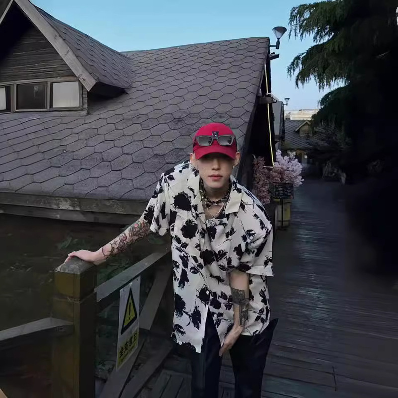 vintage Ice Silk Cuban Collar Floral Shirt Men's Short-sleeved Summer Trendy Brand Yagi Handsome Hawaiian Baroque Shirt