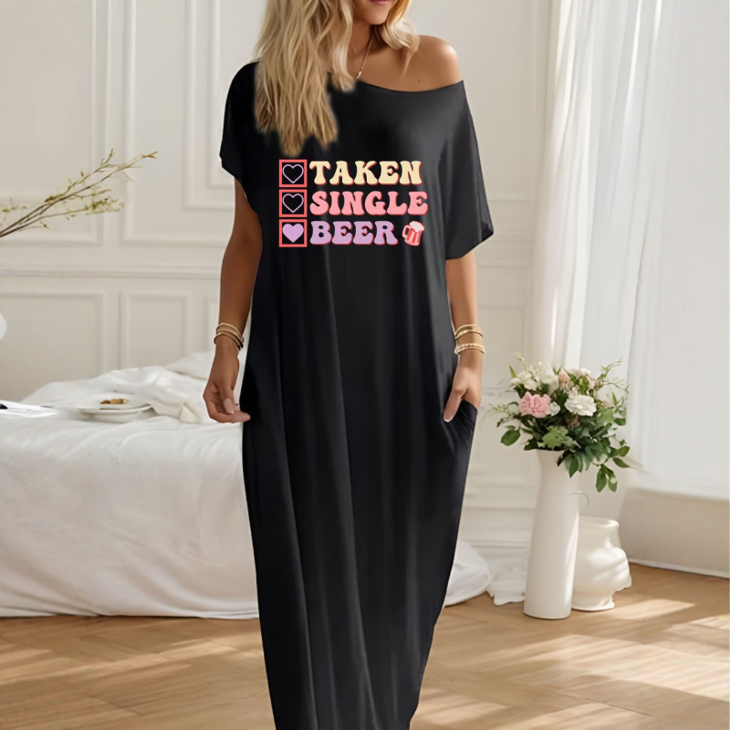 Cross-Border European and American Style Playful Single Beer Slogan Print Lazy Style Loose Casual Long Dress Cross-Border European and American Style Playful Single Beer Slogan Print Lazy Style Loose Casual Long Dress