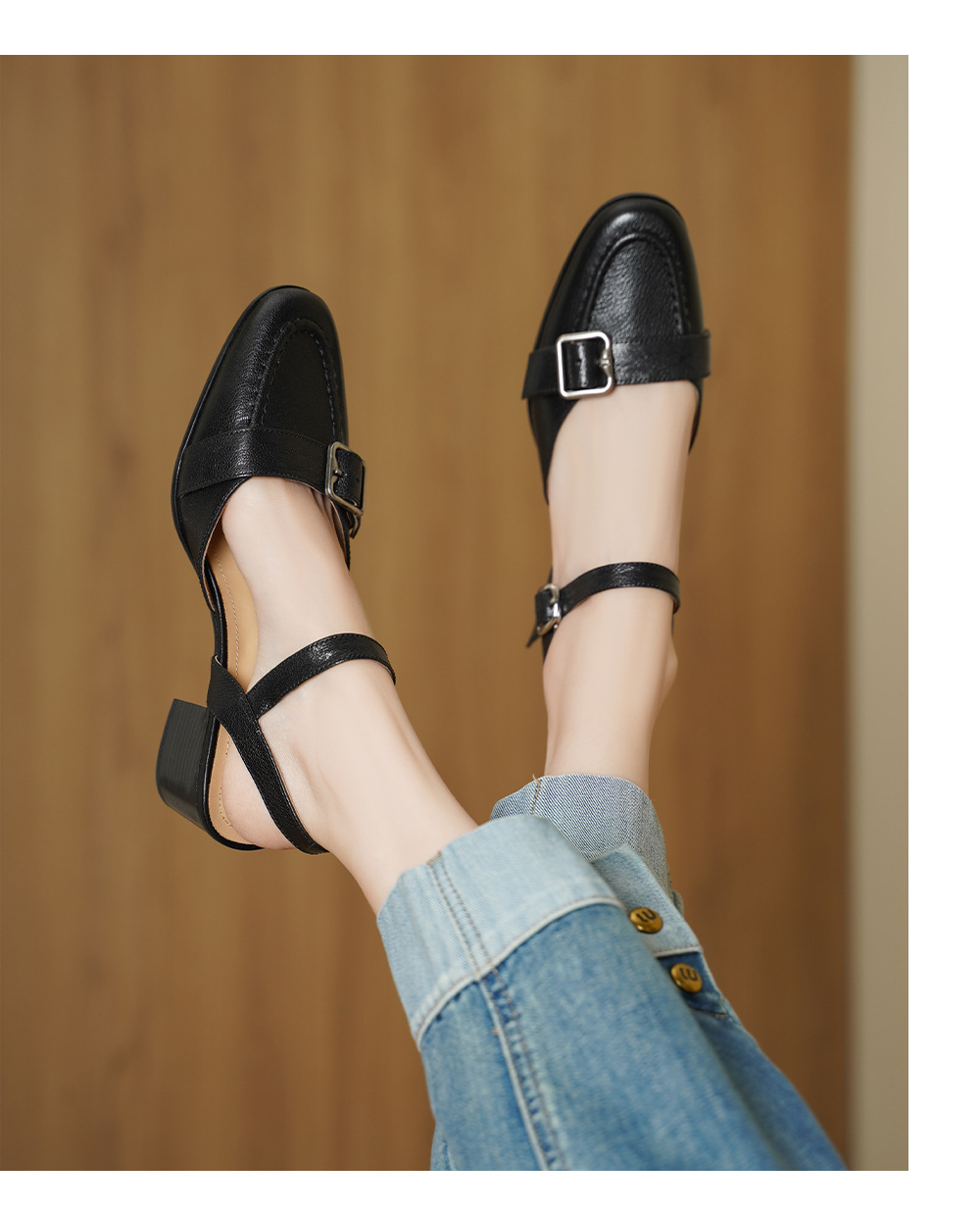 Sandal cao gót nữ hở mũi quai ngang khóa cài, gót 5 cm — đen chi tiết 10