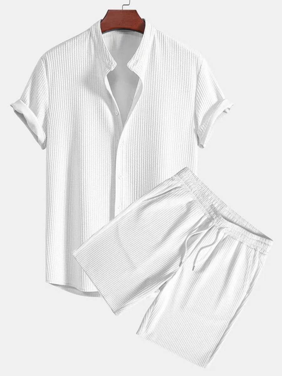 Men's Summer Shirt Set Short Sleeved Solid Color Corduroy Style For Men_viptrois.com