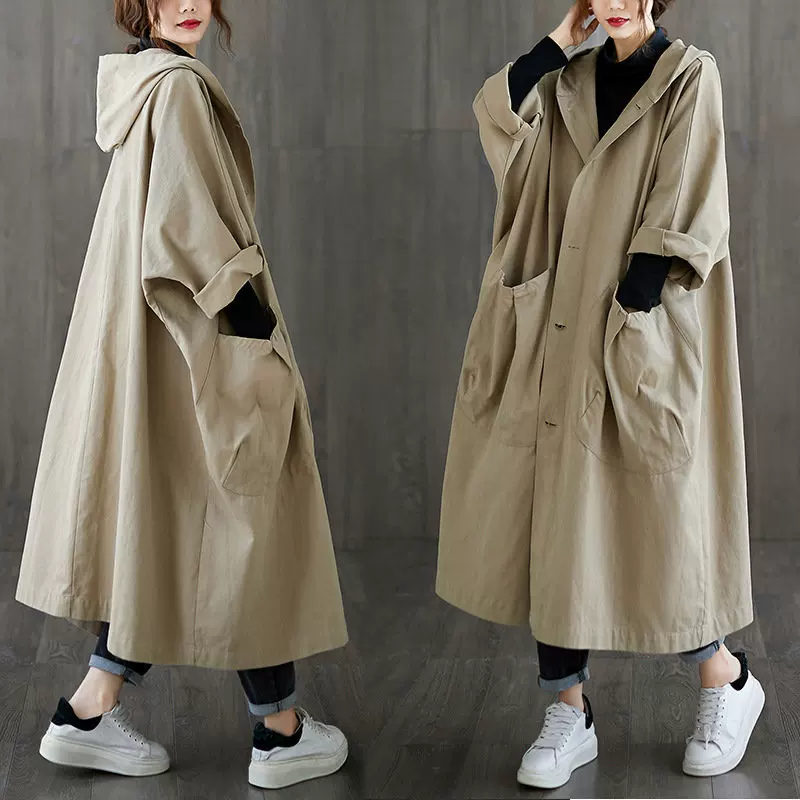 Осеннее длинное пальто-тренч, куртка с капюшоном для отдыха, oversize, максимальная длина
