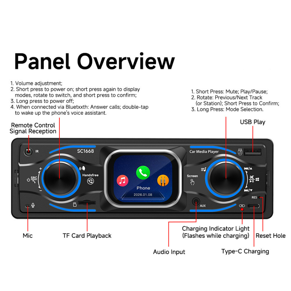 Car Bluetooth Mp3 Lossless Music USB Card Player Fm Radio Smart Touch Small Screen 12V Universal