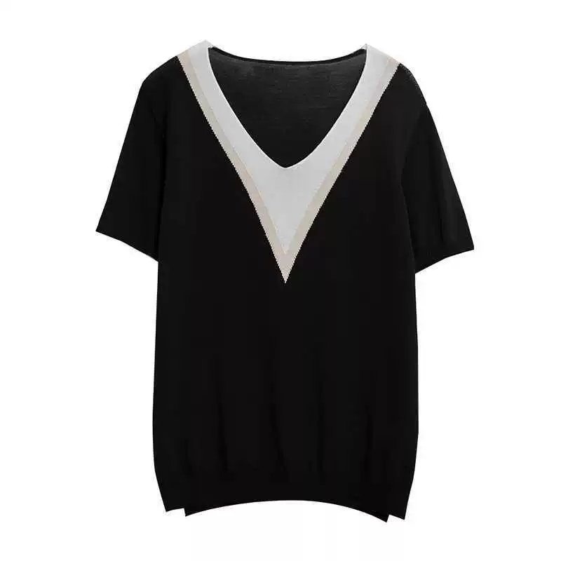 Summer knitted sweater, T-shirt, V-neckline, plus size, with short sleeve