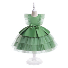 Cross-border birthday party dress, girls' gown with small flying sleeves, lace skirt, layered butterfly knot dress