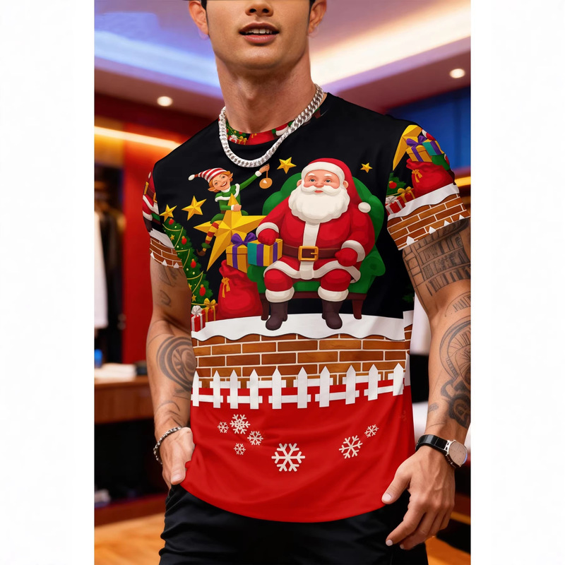 Festive Atmosphere Men's T-Shirt with Christmas-Themed Print, Short-Sleeved, Loose-Fitting, Versatile Everyday Top Festive Atmosphere Men's T-Shirt with Christmas-Themed Print, Short-Sleeved, Loose-Fitting, Versatile Everyday Top