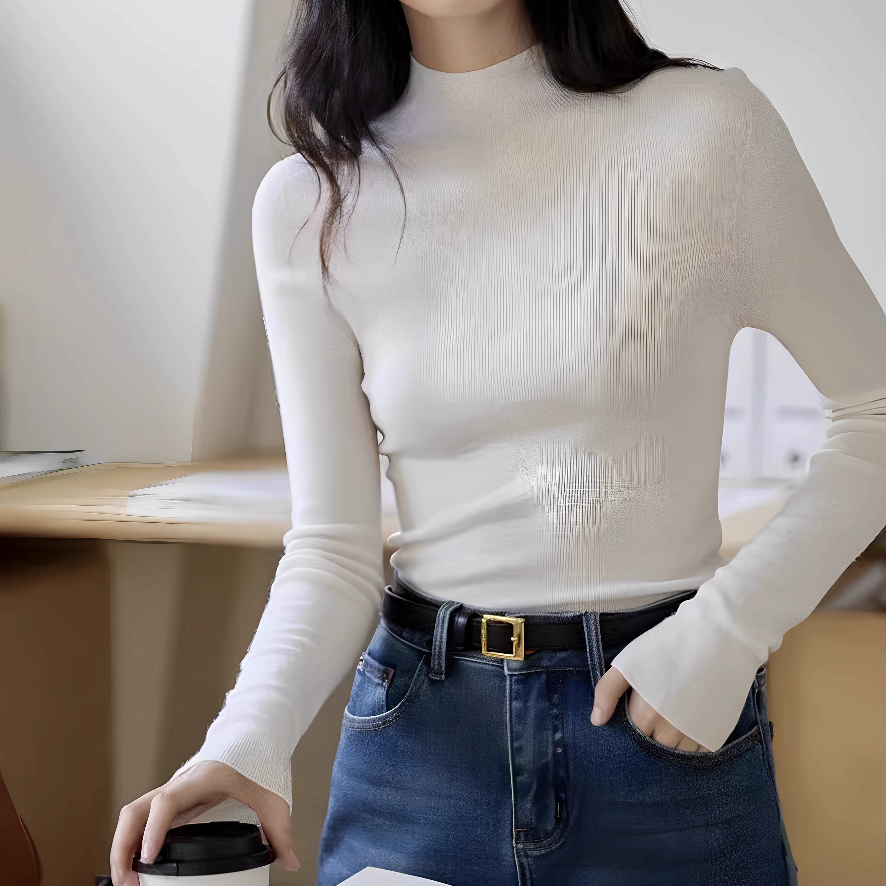  Woolen knitted sweater, high collar