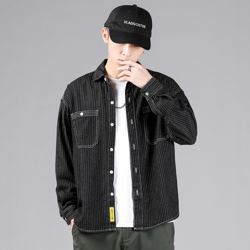 2023 Lente Nieuwe Casual Polokraag Denim Shirt Zwarte Verticale Streep Losse Denim Shirtjas voor Heren en Jeugd_voghion.com
