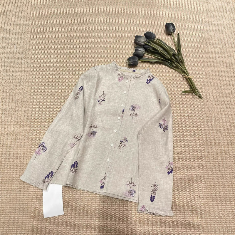 2026 Spring New Style Linen Long-Sleeved Shirt with Pleated Collar and Cuffs, Small Floral Print All Over, Natural Linen Color
