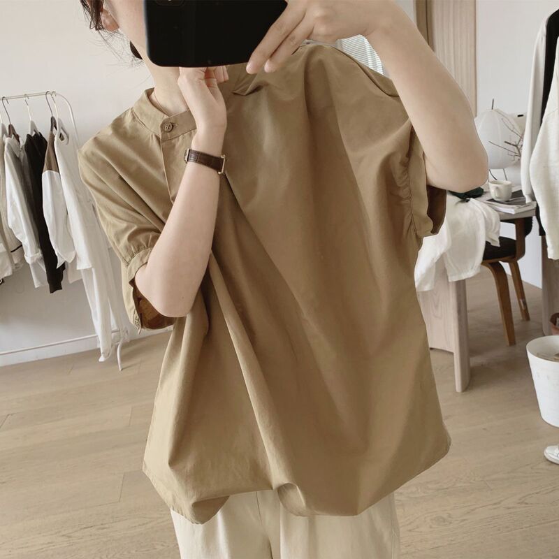 Irregular Pleated Shirt Summer New Style Loose Cover-Up Slimming Round Neck Simple Niche Design Short-Sleeved Women's Top