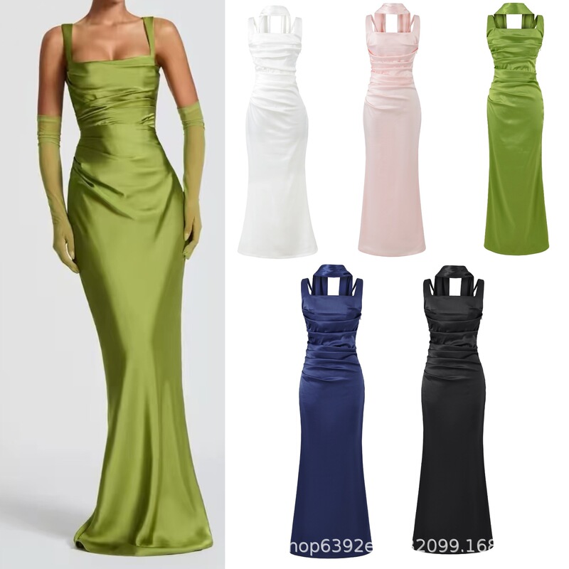 Baby Same Style Foreign Trade French High-End Dress with Ribbon Embellishments, Fishbone Design, Slim Fit, Tie-Up Strap Dress