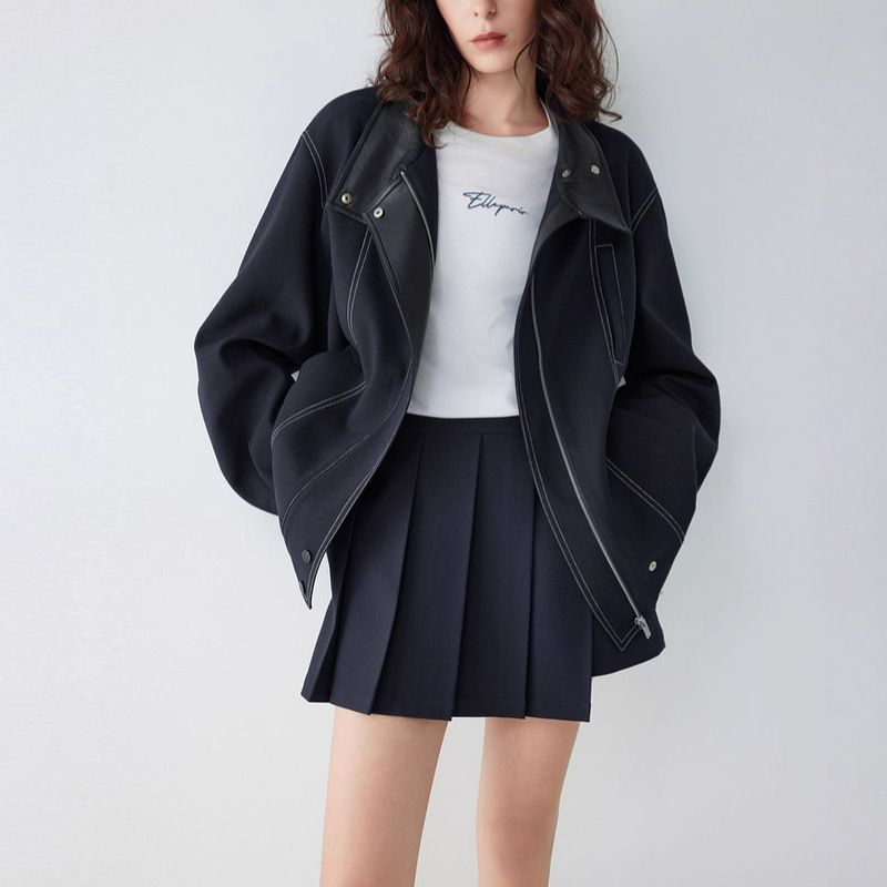 EL 法式廓形高级感外套女2025秋季新款撞色宽松通勤立领夹克上衣|undefined