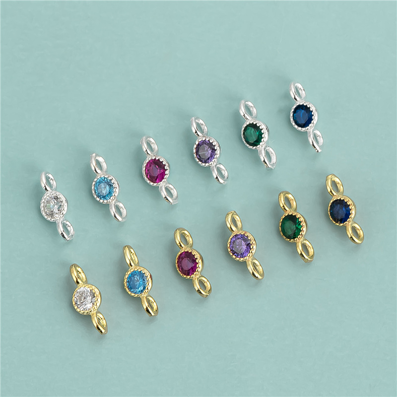 S925纯银迷你双圆圈吊坠手牌小彩钻手链连接配件DIY项链手串材料