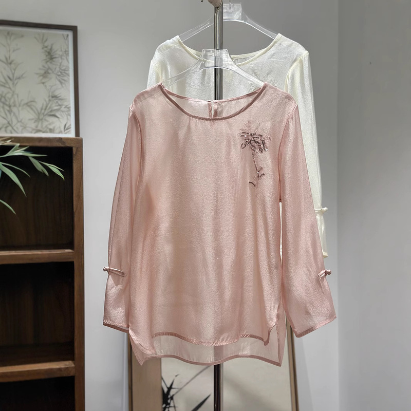 White High-grade Pearlescent Tencel Long-sleeved Shirt Women's Summer Mesh Thin Round Neck New Chinese Style Pan Mouth Embroidery Cover