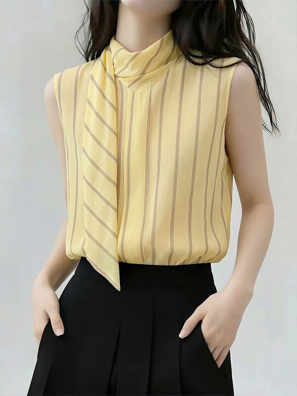 Elegant and Mature Style Striped Sleeveless Shirt for Women, 2026 Summer New Model with Ribbon Round Neck Design, Age-Reducing Versatile Top