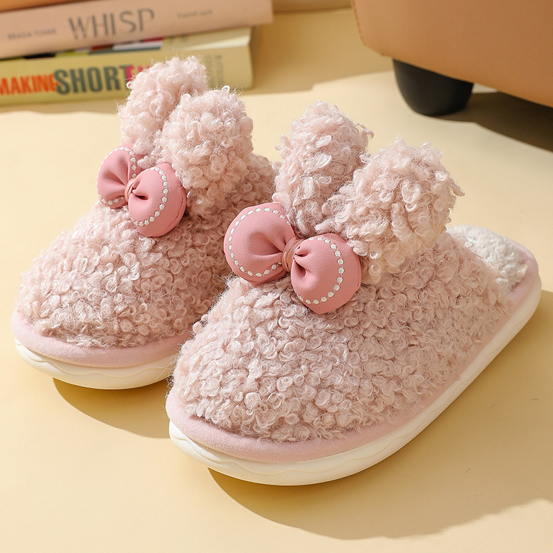 thumbnail image 1 of Zapatillas de algodón con lazo y orejas de conejo para mujer en casa en invierno, suela suave antideslizante gruesa, peludas, lindas y atractivas, zapatillas de mujer para parejas en casa, 1 of 5