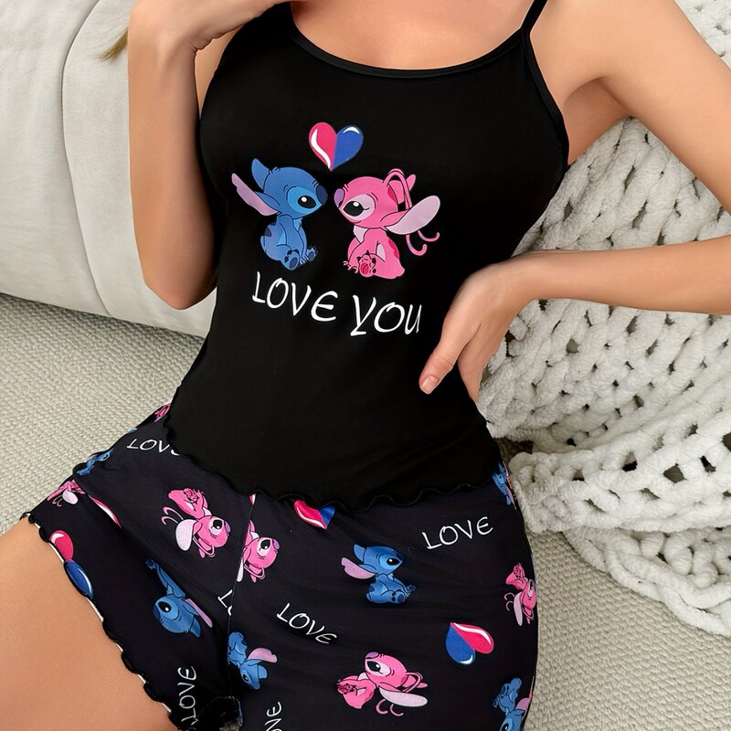 Women's Lingerie Cartoon Print Plus-Size Camisole Shorts Pajamas Sleepwear Loungewear Set for Women, Cool and Cute Style Women's Lingerie Cartoon Print Plus-Size Camisole Shorts Pajamas Sleepwear Loungewear Set for Women, Cool and Cute Style