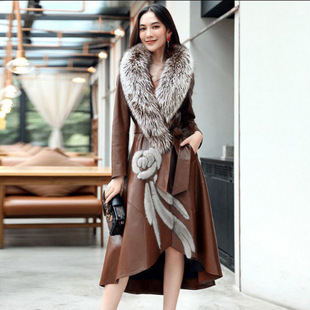 Aliexpress Foreign Trade European and American Autumn and Winter New Haining Leather Jacket Women's Long Over-The-Knee Large Size Leather Windbreaker Imitation Fur Jacket