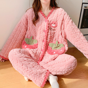 New Jacquard Fleece Moon Suit Autumn and Winter fleece-lined Thickened Pregnant Women's Pajamas Women's Flannel Coral Fleece Postpartum Breastfeeding