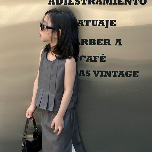 Children's Set 2024 Summer New Korean Style Unique Design Sleeveless Top Contrast Color Long Dress Trendy Dropshipping One Piece