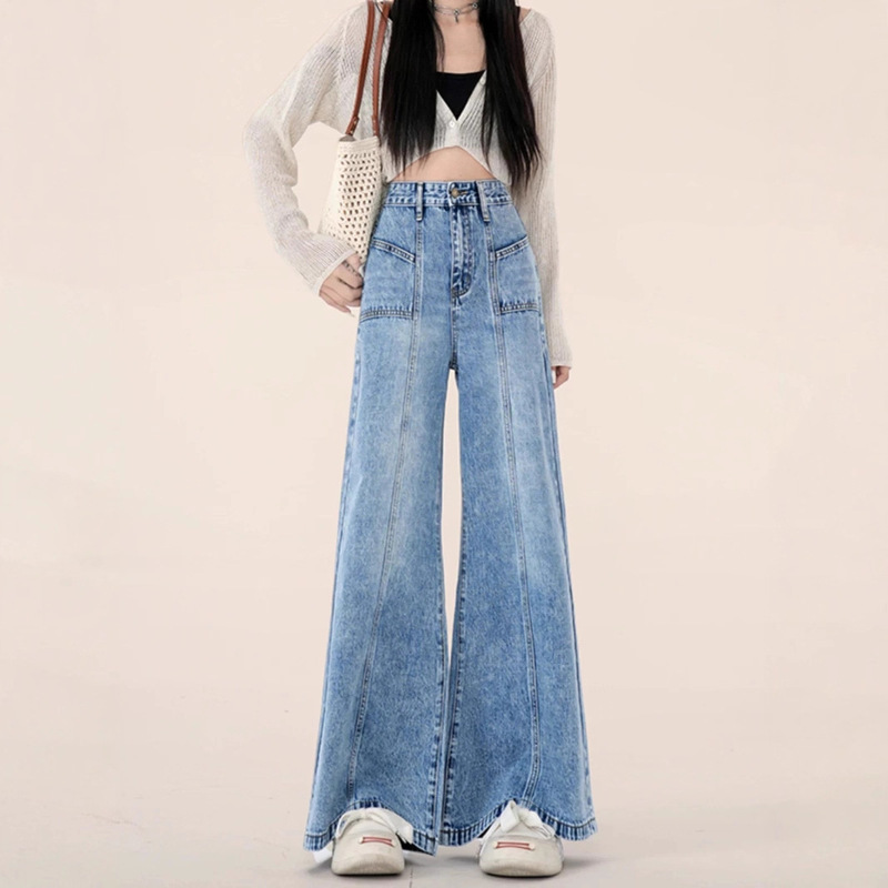 Light Blue Ripped Split Jeans for Women Blue Straight Washed Loose Wide Leg Casual Pants
