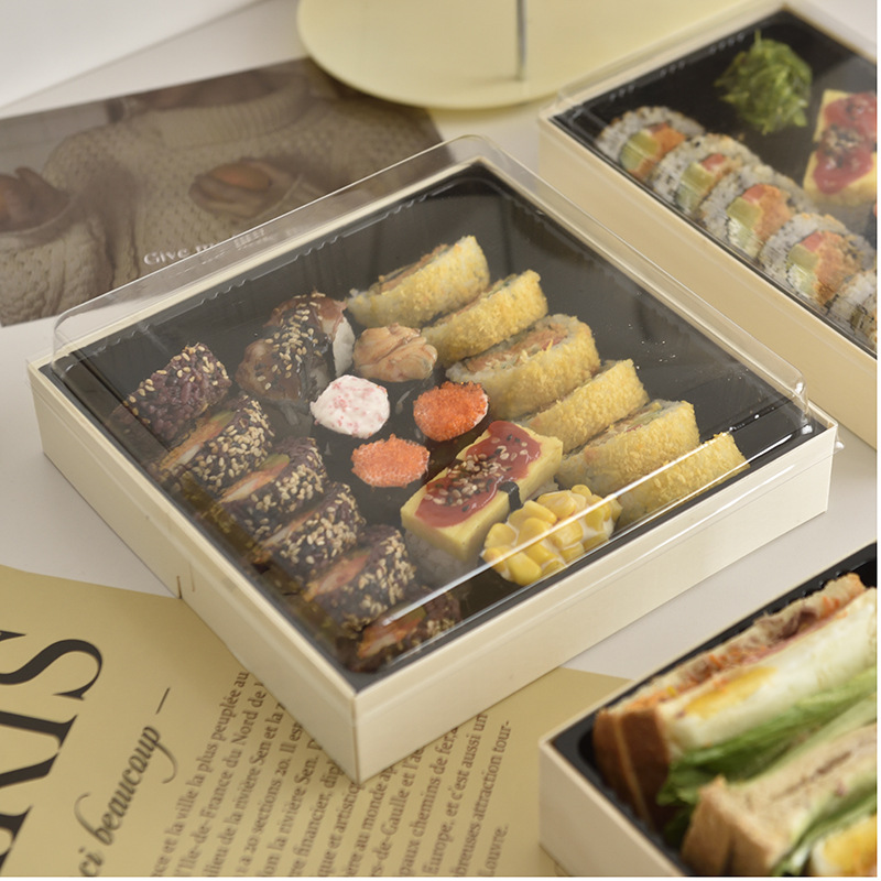 Caja de sushi sashimi, caja de sushi japonesa, caja de embalaje de madera transparente desechable, cuadrada de alta calidad con cubierta