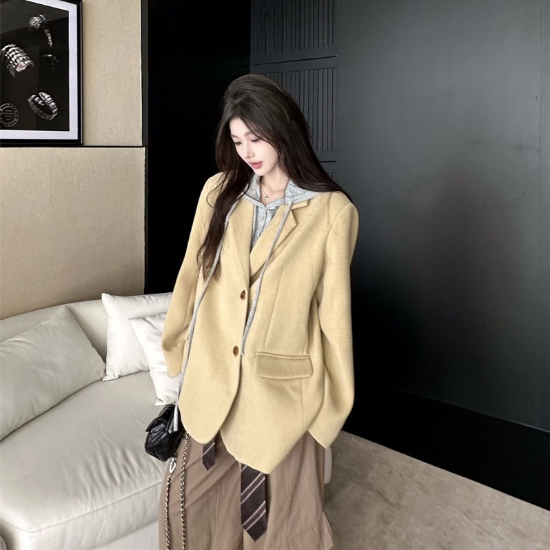 Khaki Korean Style Woolen Suit Jacket for Women in Winter, High-End Loose Suit, Mid-Length Versatile Top