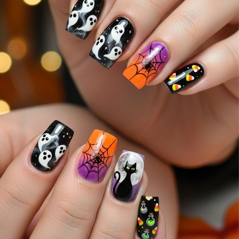 Halloween Wearable Nails Medium Square Black Gradient Spider Web Ghost Cat Round Print Removable Fake Nails Halloween Wearable Nails Medium Square Black Gradient Spider Web Ghost Cat Round Print Removable Fake Nails