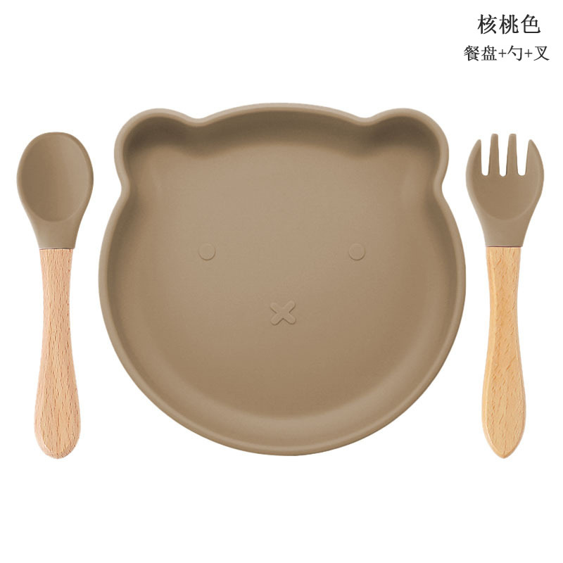 Bebé de alimentación placa cuchara Tenedor traje grado alimenticio silicona Integrado placa niños dibujos animados oso vajilla materna y infantil