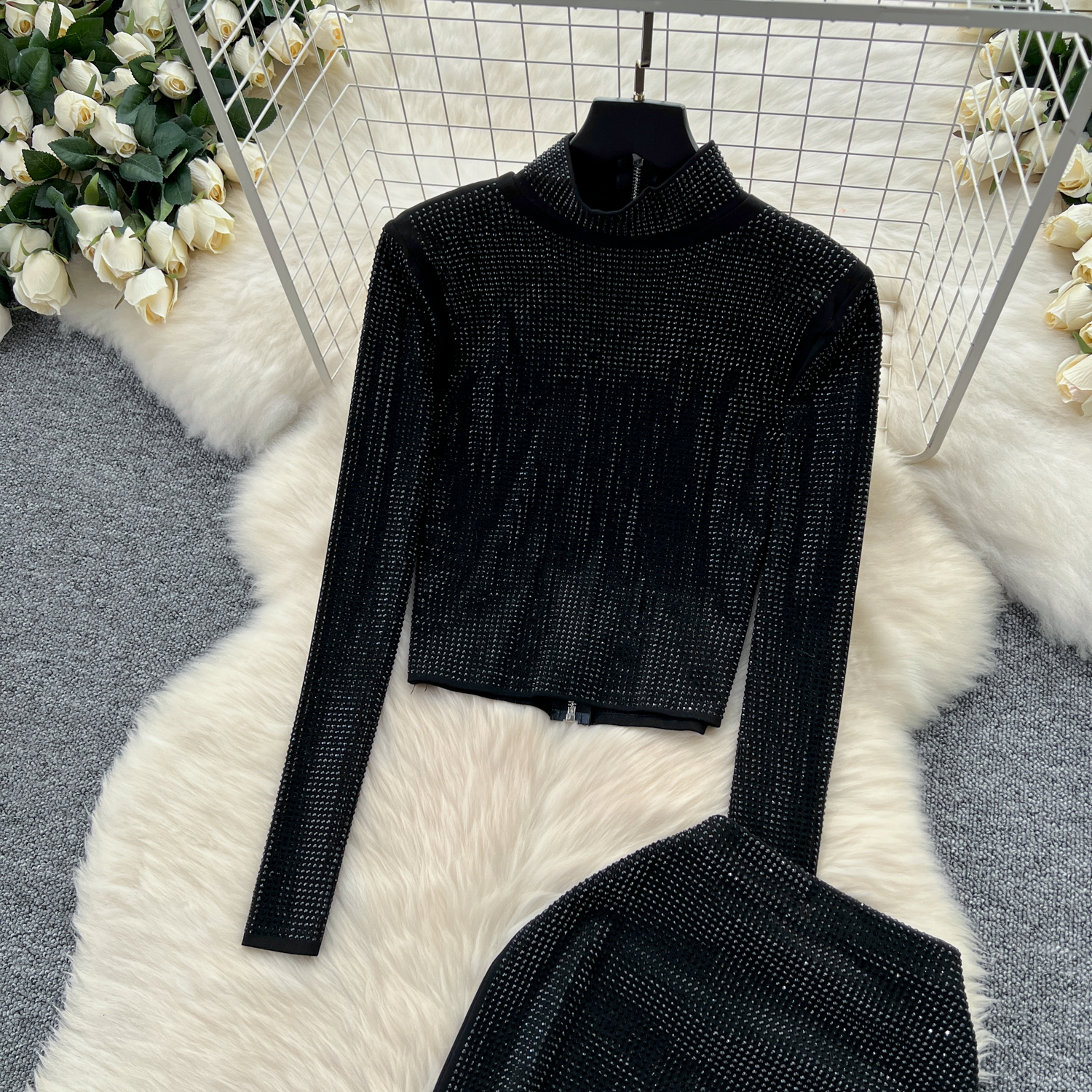 Women's Clothing wear suit design heavy hot diamond zipper top hip skirt_voghion.com