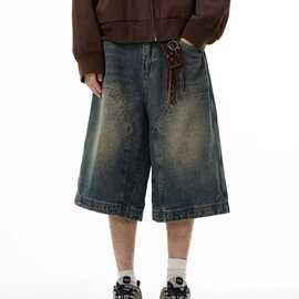美式高级感牛仔裤男复古裤子欧美伐木阔腿短裤七分裤情侣潮流裤子
