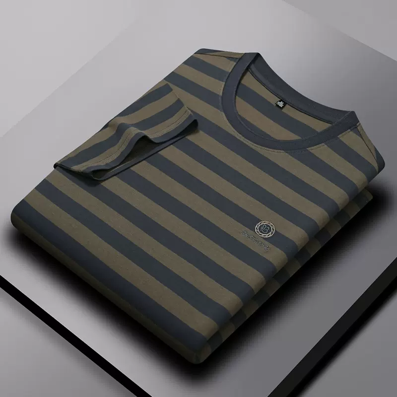 男士针织圆领短袖t恤男条纹刺绣字母休闲商务上衣夏季polo衫男士