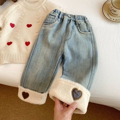 女の子用裏起毛パンツ 2025秋冬新作 おしゃれなストレート厚手デニムパンツ 女の子用ワイドレッグパンツ