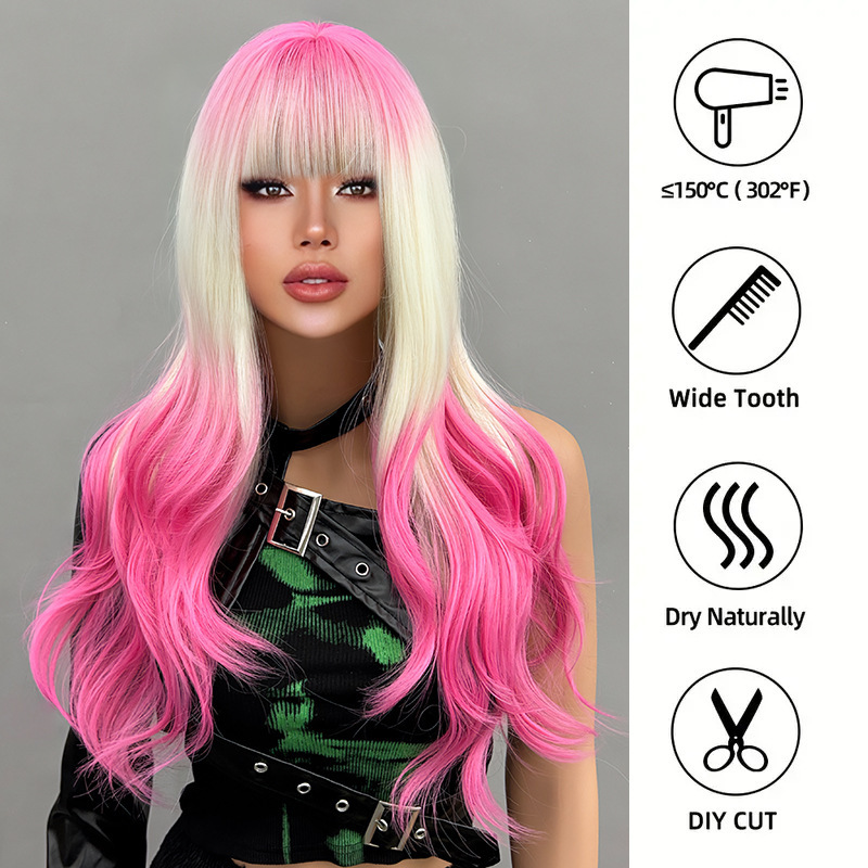 Curly Layered Wig Full Length Cosplay Style Gradient Beige Pink Wig For Women With Bangs Synthetic Hair Extensions_voghion.com
